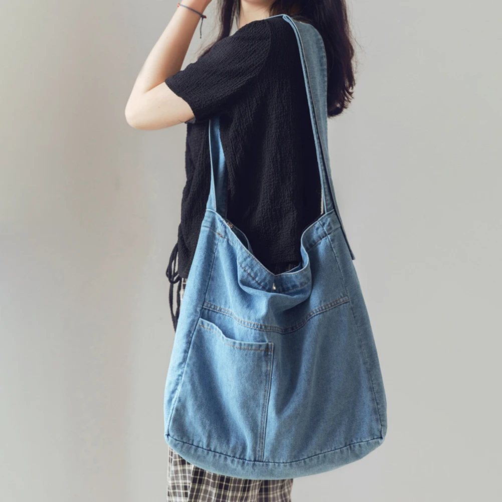 Unisex Denim Tote Handbag Large Capacity Foldable Satchel Bag Versatile Denim Shoulder Bag Casual Travel Shopping Bag