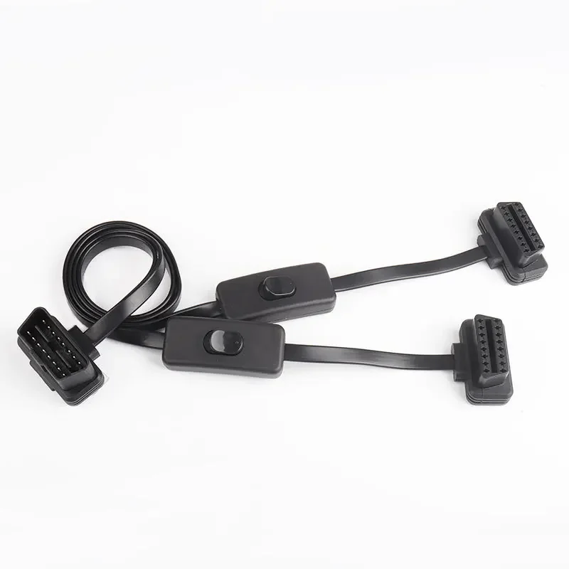 2 IN 1 Flat+Thin 16Pin OBD 2 Extender OBD2 16 Pin ELM327 Male To Dual Female Y Splitter Elbow OBDII Extension Connector Cable