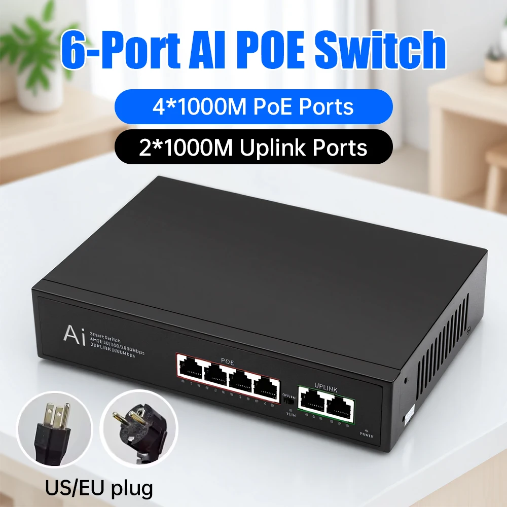 

Gigabit Ethernet Switch 6 Port High Fast RJ45 Smart Switch 4*1000M PoE Ports & 2*1000M Uplink Ports Ethernet Network Switch