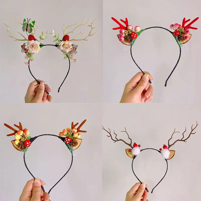 

Christmas Antler Headbands For Women Berry Wreath Hairbands Cosplay Party DIY Hair Accessories