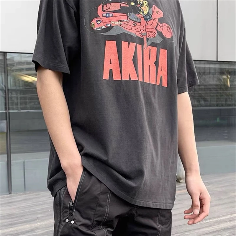 Motorcycle Akira Short Sleeve Loose Cotton Heavy Duty Wash Old High Street Retro Japanese Vintage Anime Printed Oversize T-shirt