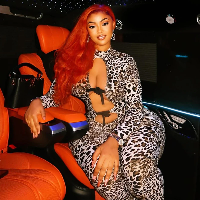 Seksi Macan Tutul Cetak Hollwo Keluar Bodycon Celana Kodok Wanita Lengan Panjang Ketat Kurus Romper Clubwear Pesta Malam One Piece Jumpsuit