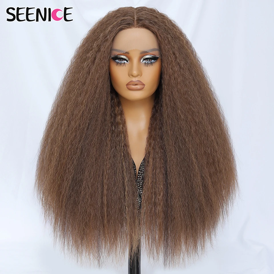 Kinky Straight Lace Front Wig Synthetic 28Inch T-Part 13x5x1 Long Lace Wigs Afro Yaki Straight Wigs Ombre Brown For Black Women