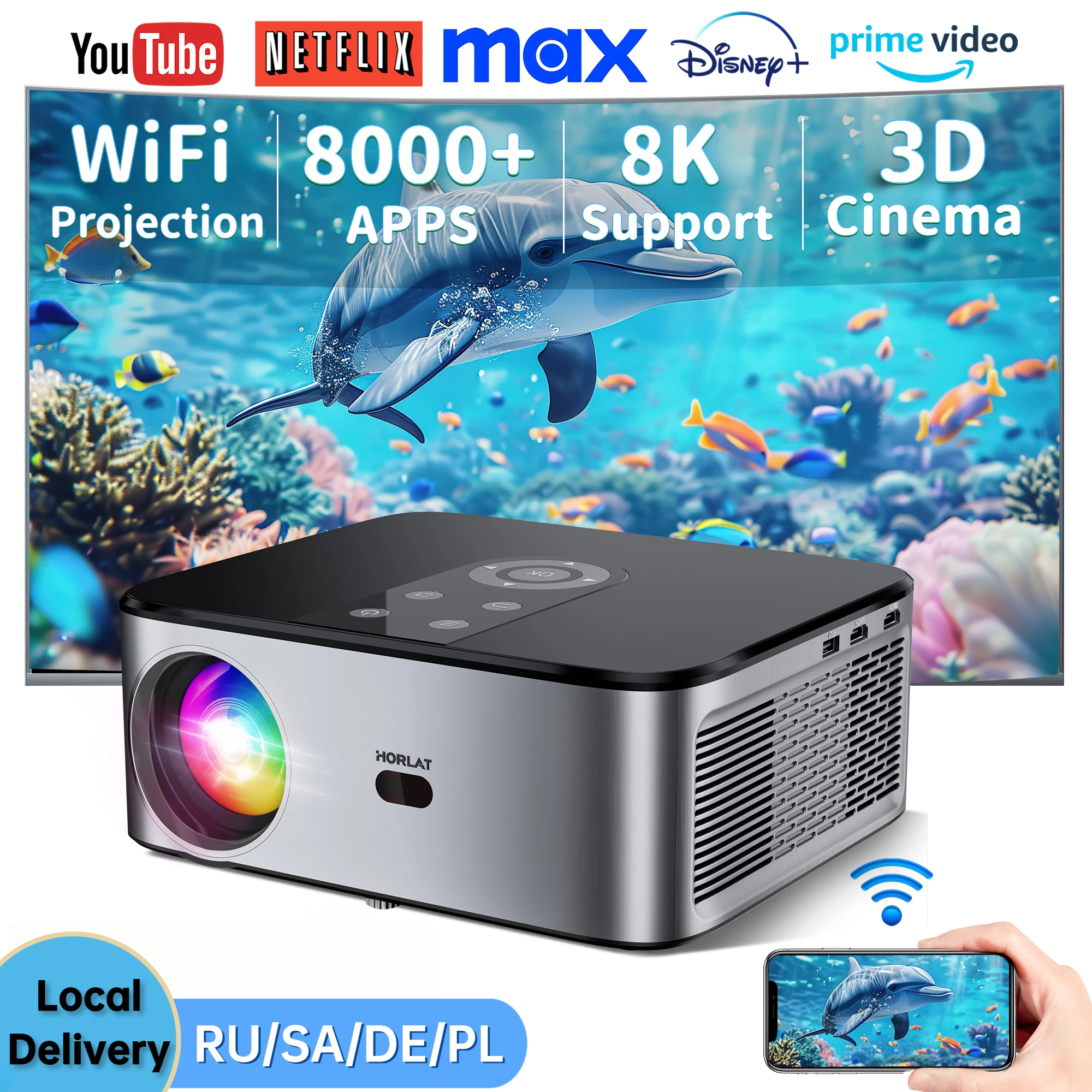 HORLAT 21000Lumenes Android LCD Projector 4K 8K Decode Home Theater System 700ANSI Full HD 1080P Video Auto Keystone 5G WiFi