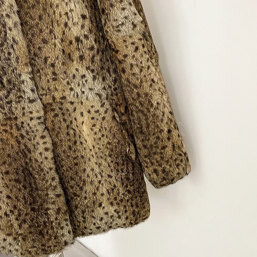 2025 Women Coat New Autumn Winter Leopard Real Rabbbit Jacket Female Warm Medium Length Natural Coat Lady