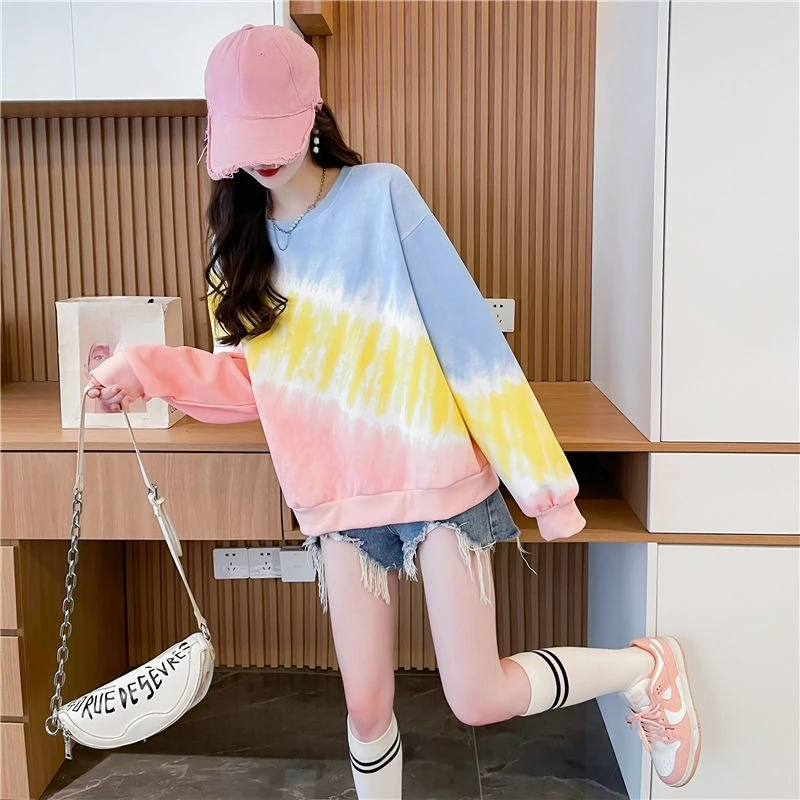 

Женский пуловер с градиентным цветом и круглым вырезом, топы в стиле Харадзюку, модная эмо, базовая спортивная корейская уличная одежда, повседневная толстовка Y2k для женщин
