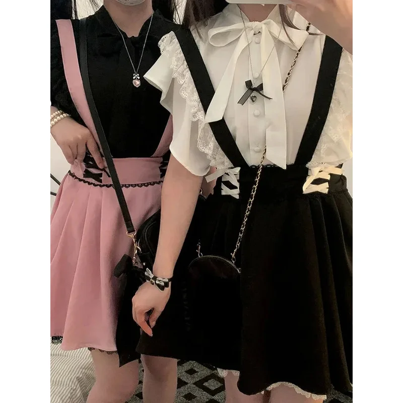 2024 صيف جديد اليابانية لطيف لوليتا الدانتيل قصيرة الحمالات التنانير Kawaii مطوي البسيطة حبال تنورة فستان Vestidos De Mujer