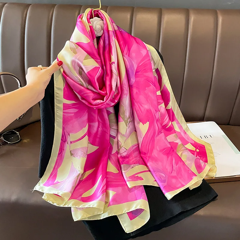 

Luxury Brand Sunscreen Silk Scarves Women 180X90CM Beach Stoles Four Seasons Soft Long Shawls Fashion Print Satin Finish Scarf