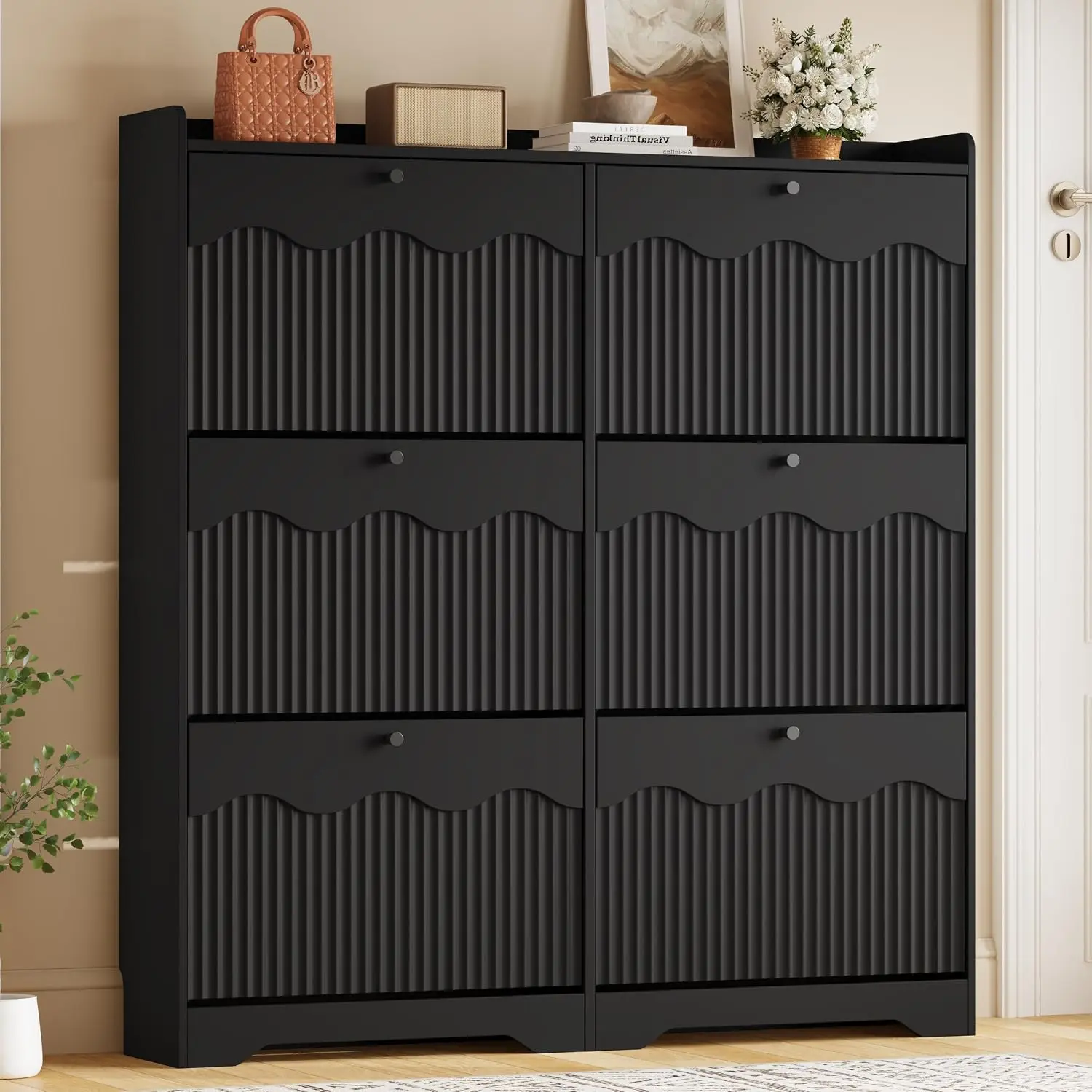 Large Shoe Cabinet 6 Flip Drawers Wave Fluted Panels Slim Shoe Rack Entryway Organizer Adjustable Shelves, Customized