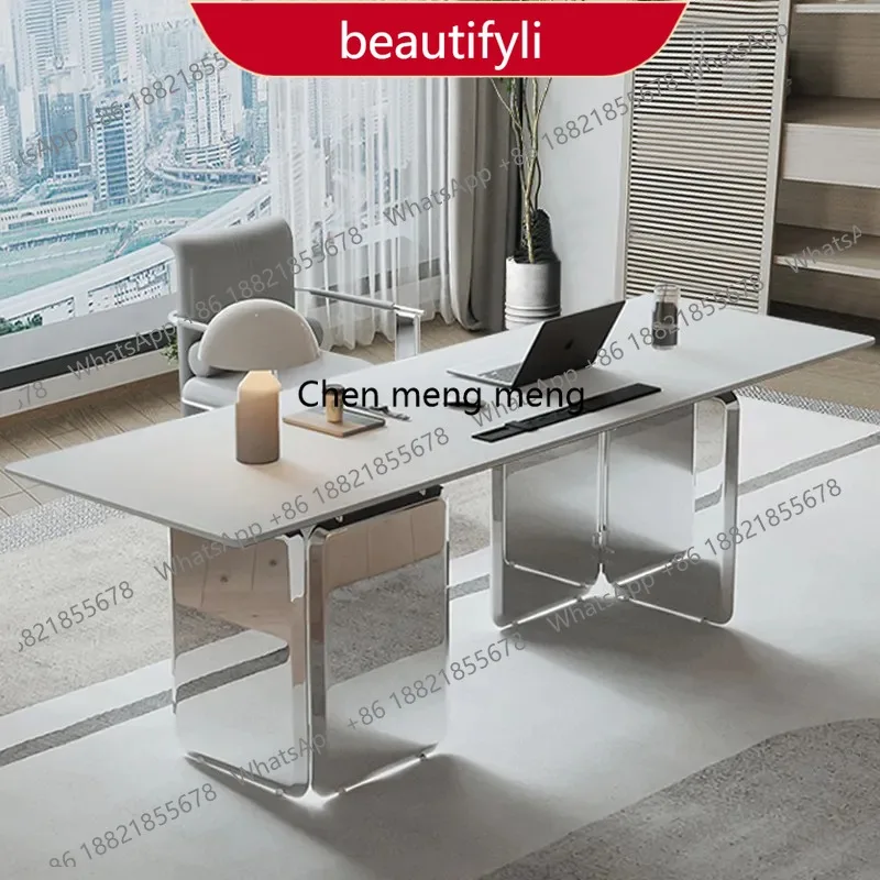 

01A Italian rock slab Room desks Light luxury modern room offices office desks and workstations stainless steel Computer desk