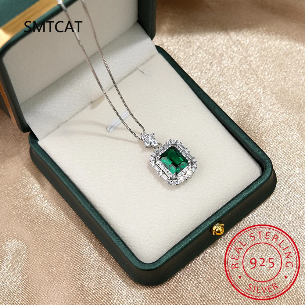 Square Simulated Nano Emerald 925 Sterling Silver Pendant Necklace for Women valentines day gift Colar de Prata