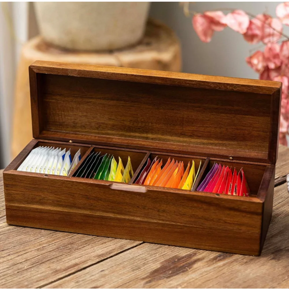 Acacia Wooden Tea Bag Organizer, 4 or 8 Compartment Tea Packet Storage Boxes, Wood Caddy Chest, Teabag Holder Containers