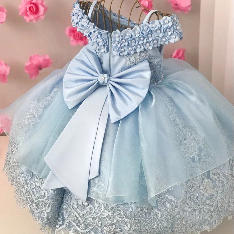 

Sky Blue Flower Girl Dresses Lace Tulle Floral Beaded With Big Satin Bow Fit Wedding Party Birthday Princess Ball Gowns