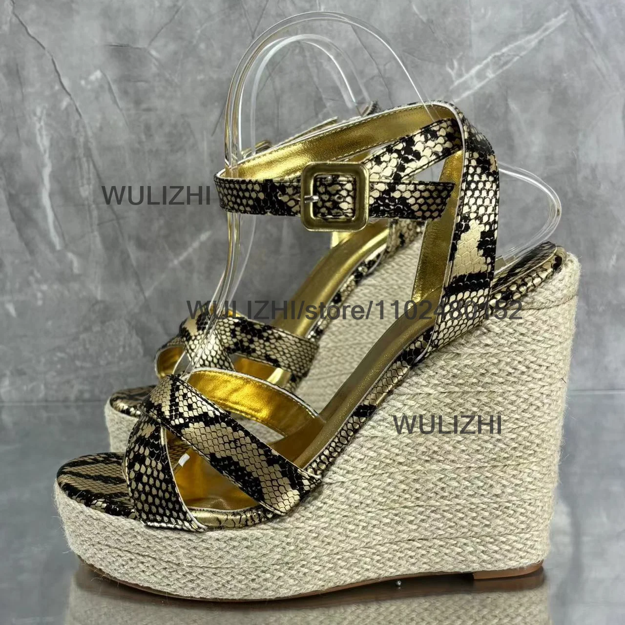 

Black Snake Pattern Gold Sandals Wedge Heels Espadarille Weave Platform Heels Ethnic Style Red Sexy Summer Casual Buckle Shoes