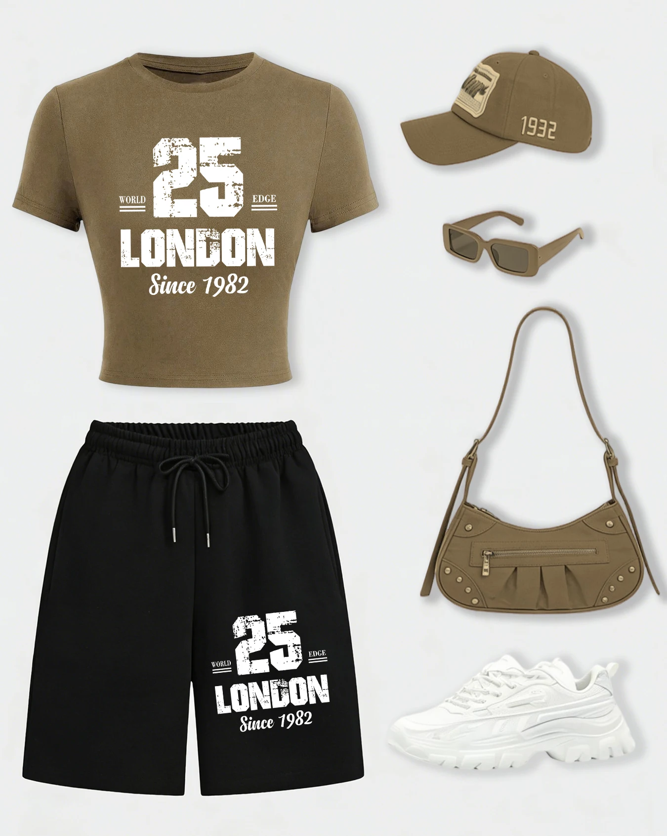 

Женский комплект: футболка с принтом London No.25 Since 1982, укороченная хлопковая футболка и повседневные дышащие летние шорты с широкими штанинами