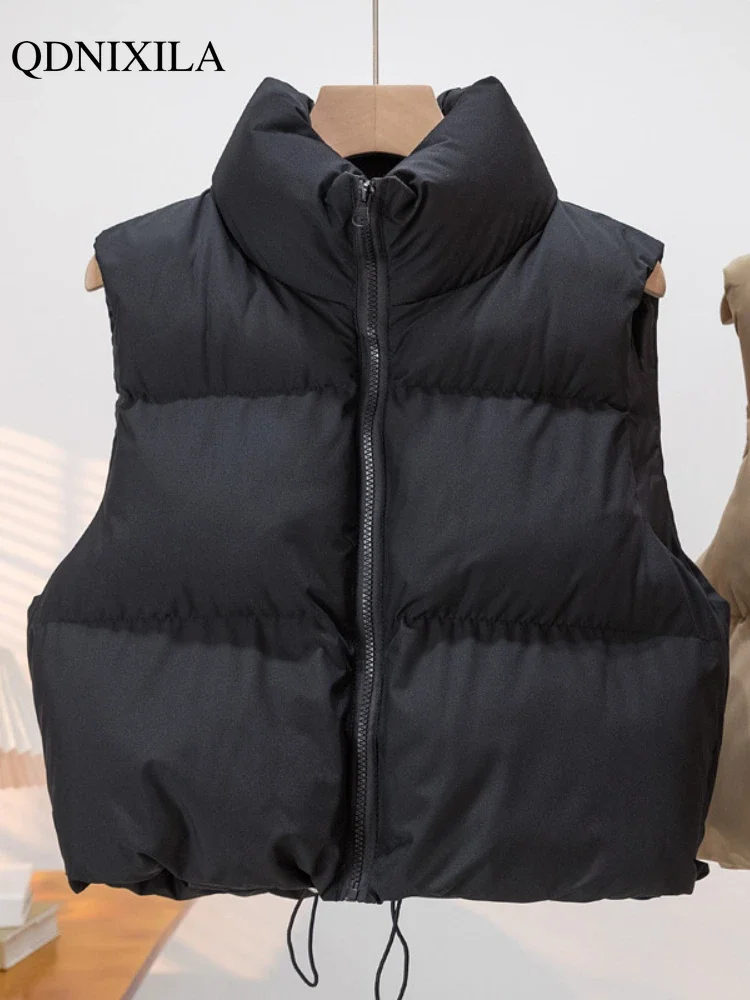 2024 Autumn Winter Women\'s Cotton Vest New Stand Collar Sleeveless Short Vest Outerwear Korean Fashion Thicken Warm Woman Jacket