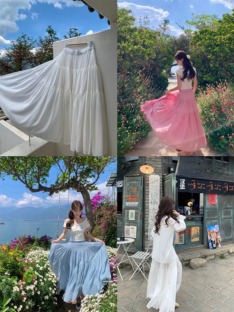 

Zhaoyaoemi Summer New Soft Skirt Women's mid Waist A-Line Midi Skirt Comfortable Large Hem Casual Sle Pure Color