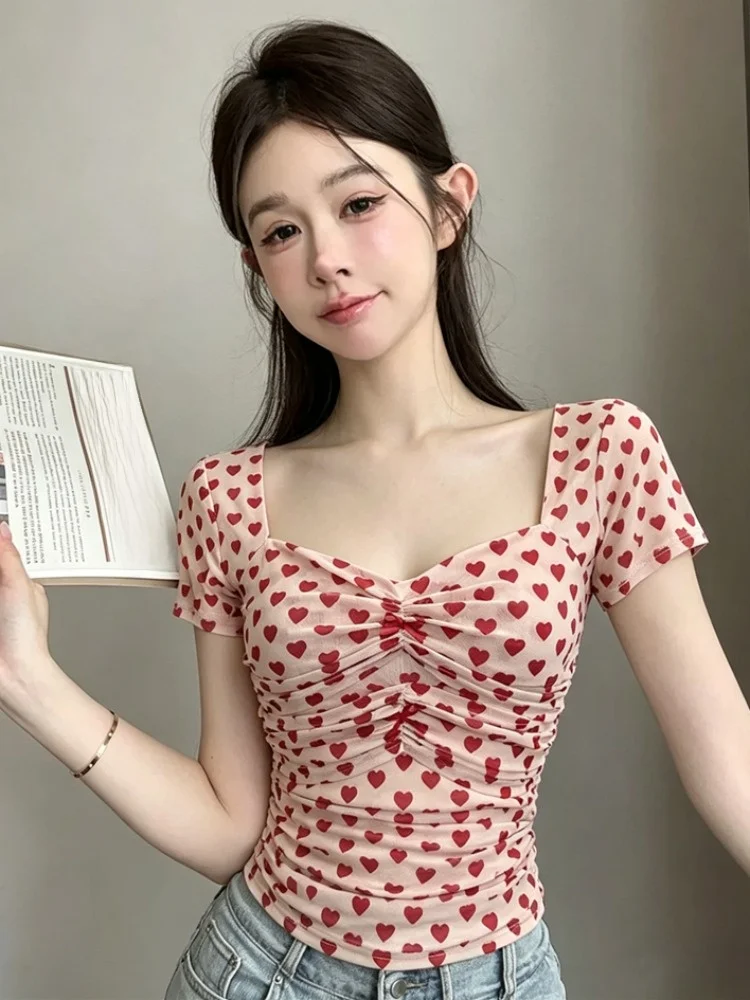 

Summer New Korean Style Square Collar Splice Heart Short Sleeve Drawstring Slimming Short T-Shirt Overhead Girls Fashion
