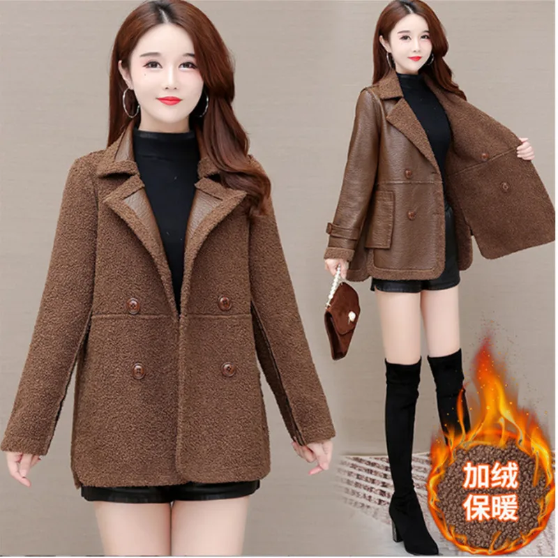 Luxury PU Leather Jacket Women\'s Plush Thicken Double-Breasted Winter Coat Female Double-Sided Wear Elegant Ladies Outewear 2403