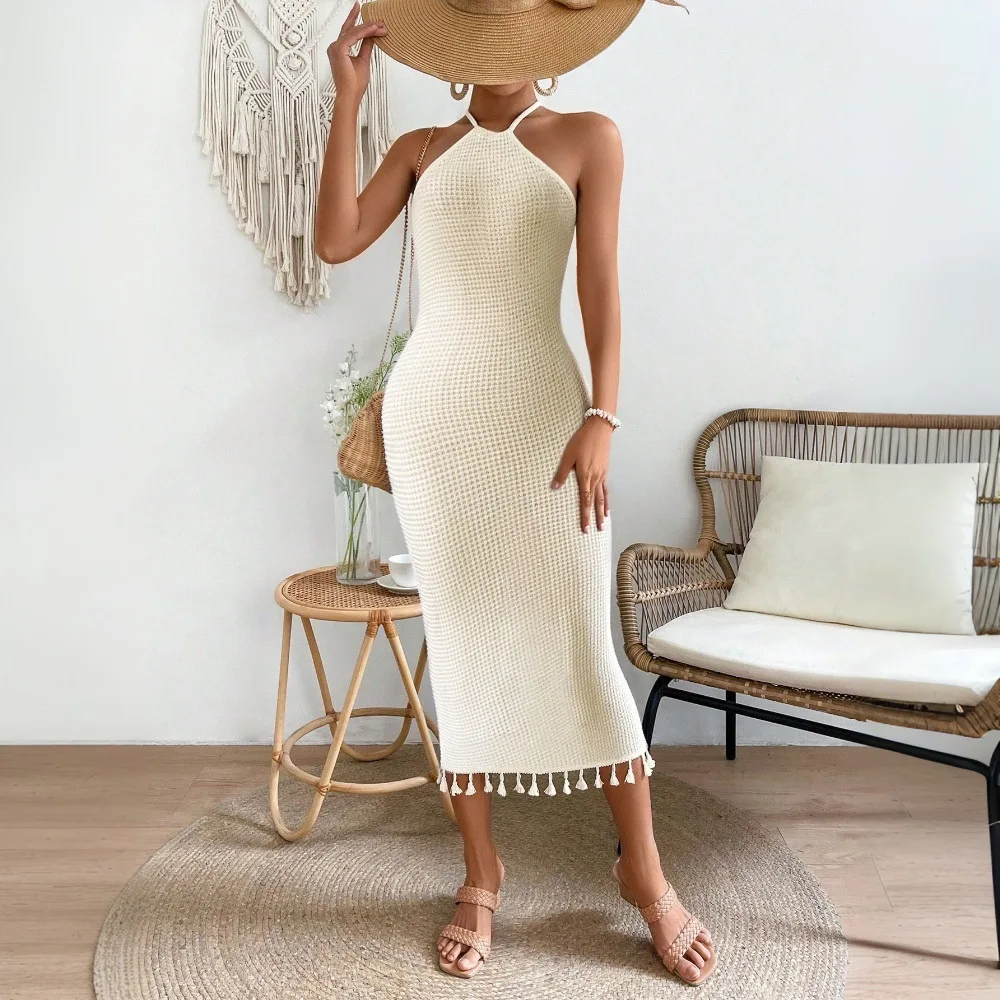 Halter Neck Sleeveless Knit Maxi Dress Tassel Hem Bodycon Beach Vacation Gentle Style