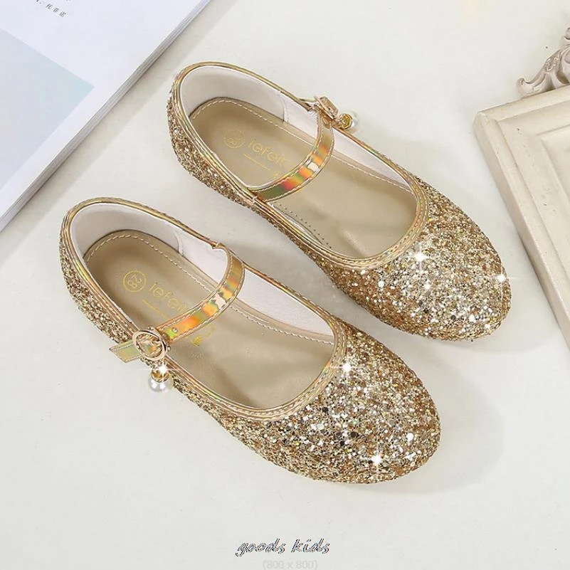 Frozen Elsa Princess Shoes Round Toe Sequin Beads Flat Gold Silvers Shining Casual Shoes Europe Size 23-38