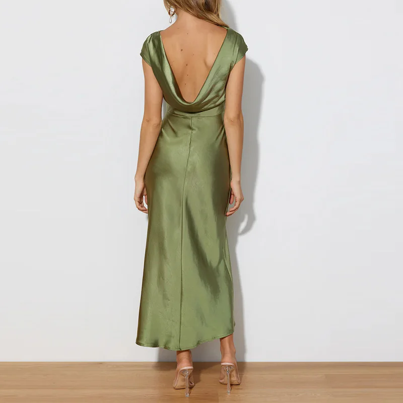 Abito formale femminile elegante da banchetto in tinta unita Abito da sera chic a maniche corte Temperamento Abito lungo da donna in raso di seta