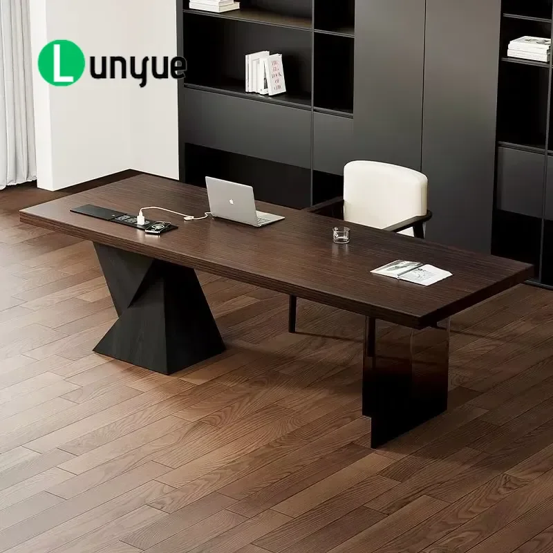 Solid Wood Computer Desk with Socket Light Luxury Modern Italian Minimalist Design for Home Study Office Workstation