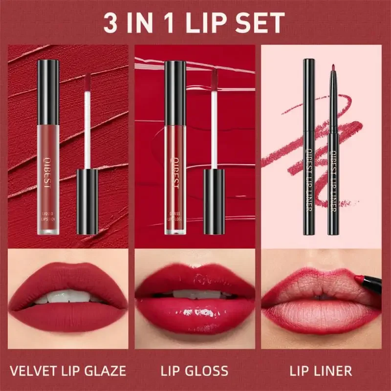 Heallor 3 Stks/set Matte Fluwelen Lipgloss Lipliner Potlood 3 In 1 Waterdichte Blijvende Vloeibare Lippenstift Lipliner Contour Make-Up 12 C