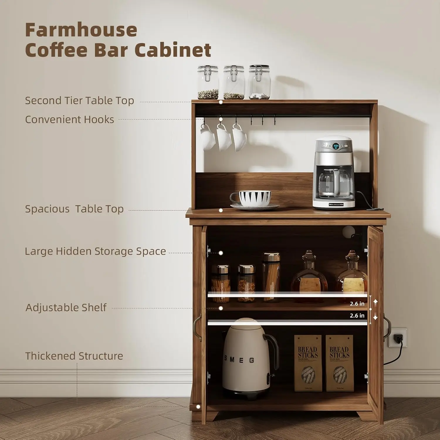 Coffee Bar Cabinet with Storage & Charging Station, Walnut, Customized