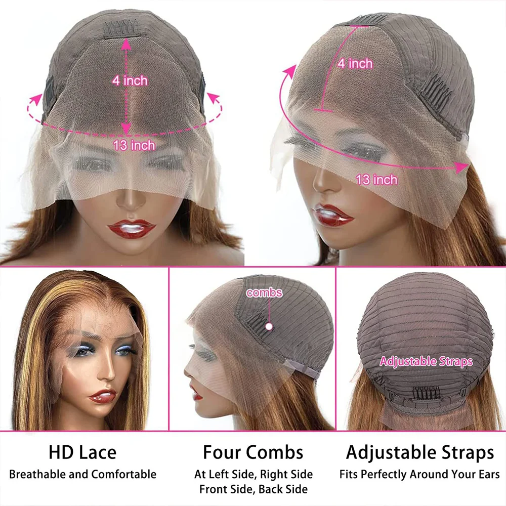 Peluca destacada de 200 de densidad, pelucas de cabello humano con frente de encaje recto 13X4, peluca Frontal de encaje HD brasileña de colores prearrancada 4/27