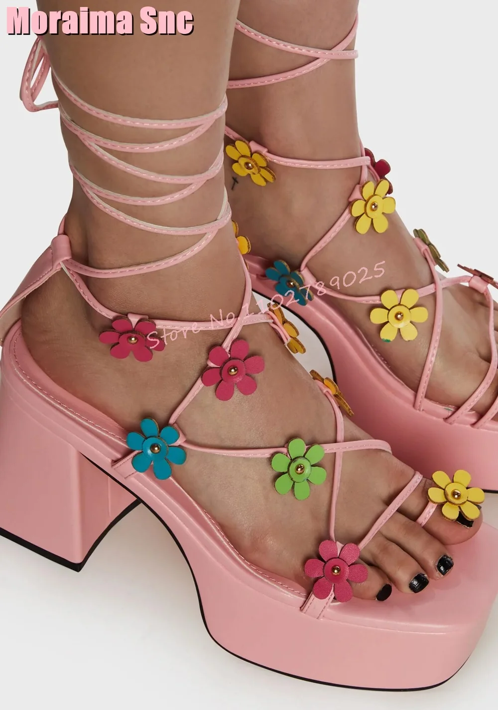 

Flower Decor Platform Lace Up Sandals Block Chunky Heel Square Toe Cross Strap Sexy Designer Women Shoes Summer Fashion Banquet