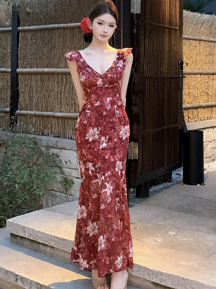 

Женское красное шифоновое платье с v-образным вырезом и цветочным принтом, сексуальное длинное платье на бретельках с рюшами, летнее корейское облегающее роскошное платье 2025 года, элегантное праздничное платье для выпускного вечера