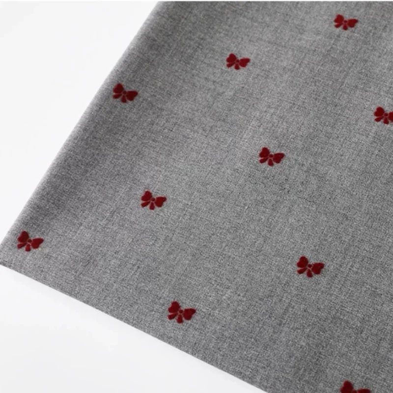 Grey Girlish Wine-red Three-Dimensional Bow Appliquéd Fabric Suit Pleated Skirt Clothing Fabric