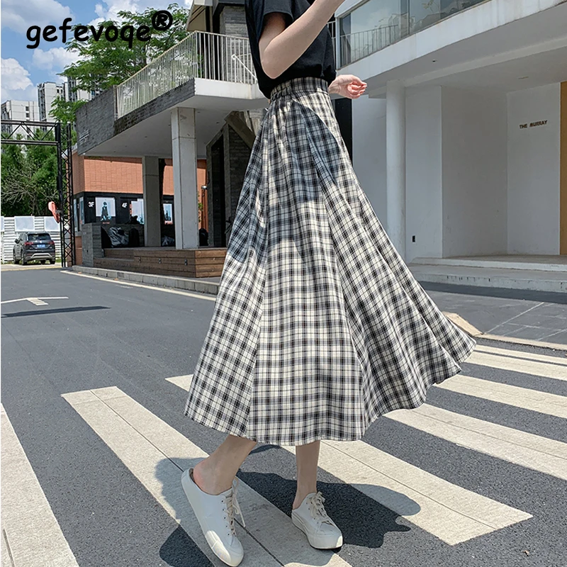 

Clothes for Women 2024 Summer Fashion Plaid Print Midi Skirts Female Korean Casual Street High Waist Loose Skirt Faldas Vintage