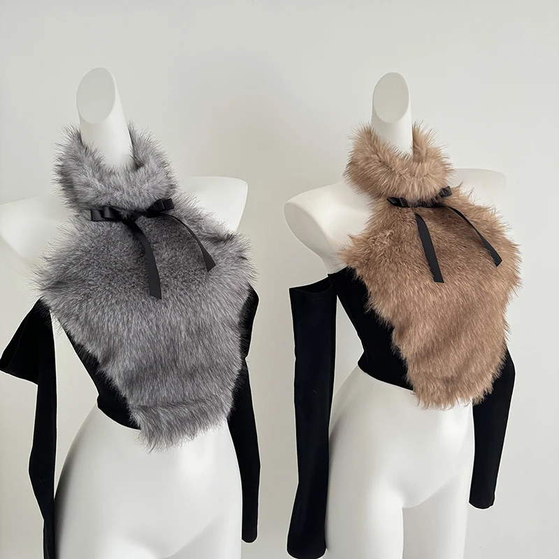 Faux Fur Patchwork T-Shirt Women Autumn Spring Long Sleeve Short Tees Fashion Chic Halter Neck Off-the-shoulder Sexy Cropped Top