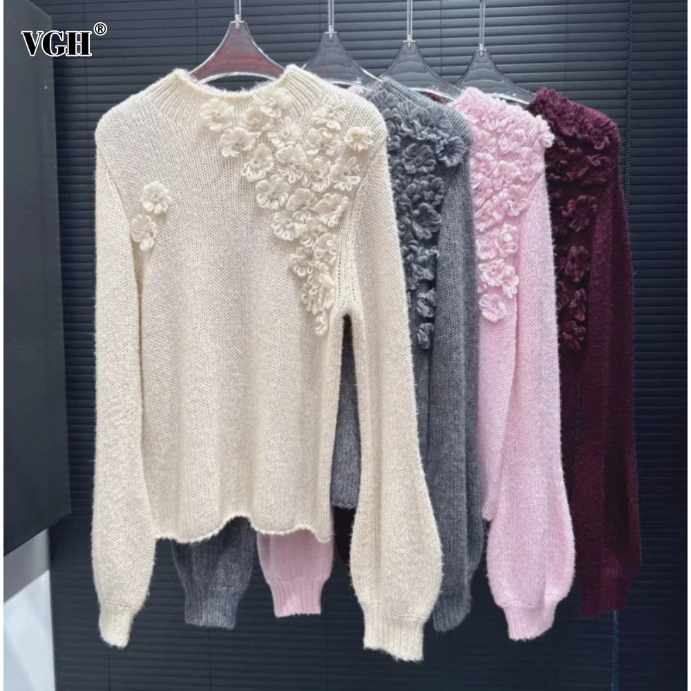 VGH Patchwork Appliques thermal Sweater for Women O Neck Lantern Sleeve Casual Fashion solid Knit Pullovers Female Winter Style