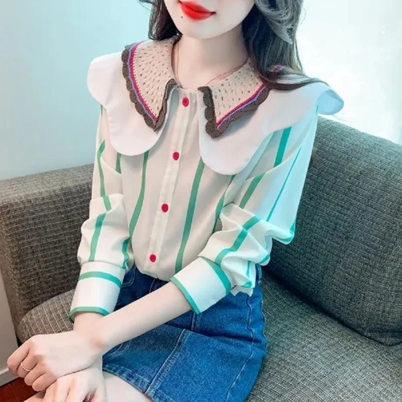 

Striped Shirt Autumn Women's New Fashion Design Niche French Chic Doll Collar Long Sleeve Spring Autumn Top