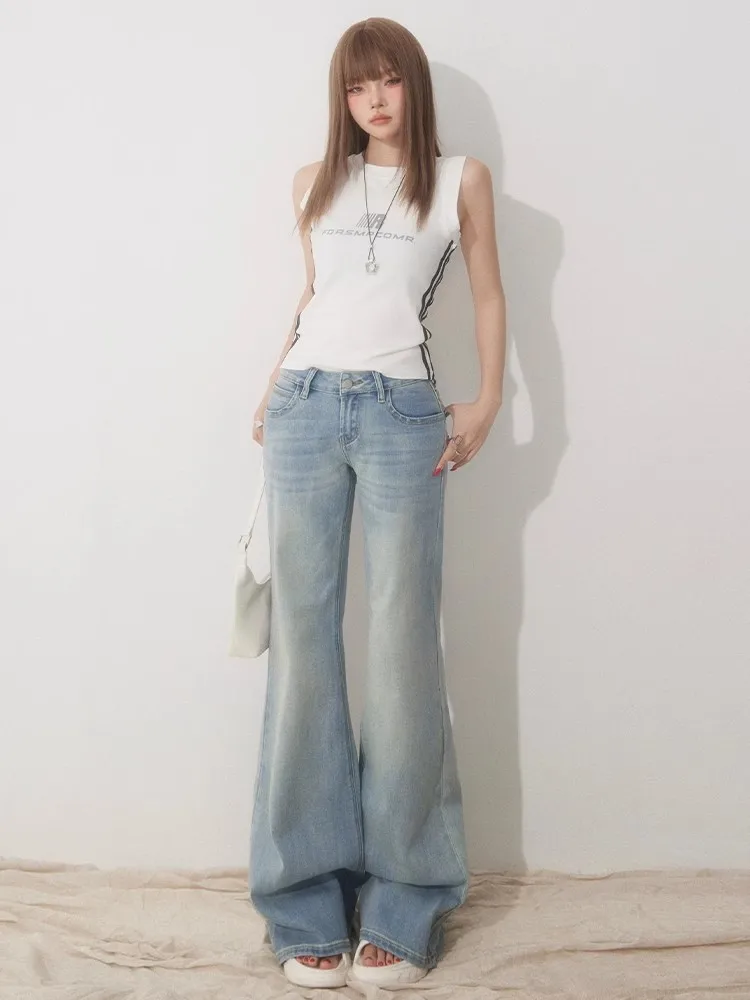 Slim Fit, schlichte, ausgestellte Jeans für Damen, modisch, kausal, England-Stil, Y2K-Straßenarbeit, niedrige Taille, klassische Kleidung