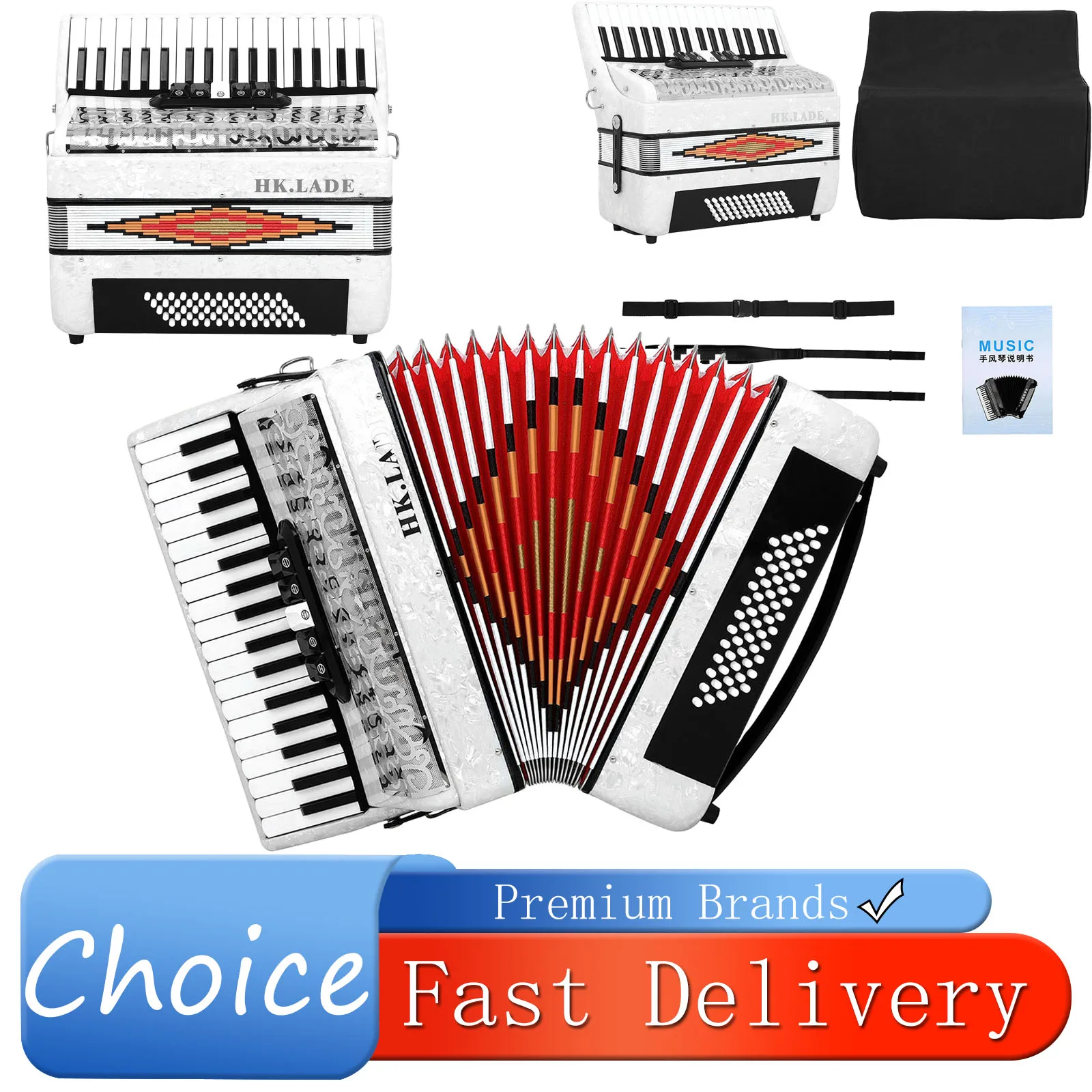 HK-LADE AH-230 White Accordion 34 Key 60 Bass Professional Keyboard Voice Changing Bayan Accordion for Performance Piano