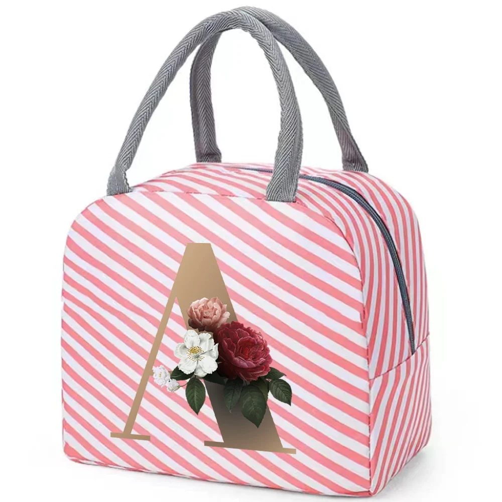 Insulated Lunch Box for Women Pink Cute Lunch Bag for Kids Cooler Waterproof Red Stripe Design Gold Letter Color Printing