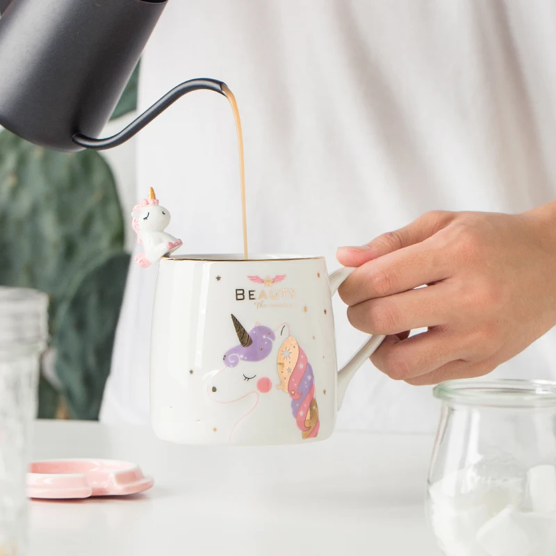 Unicorn Mug with Lid and Spoon, Creative Ceramic Water Cup, Coffee Milk and Breakfast Cup