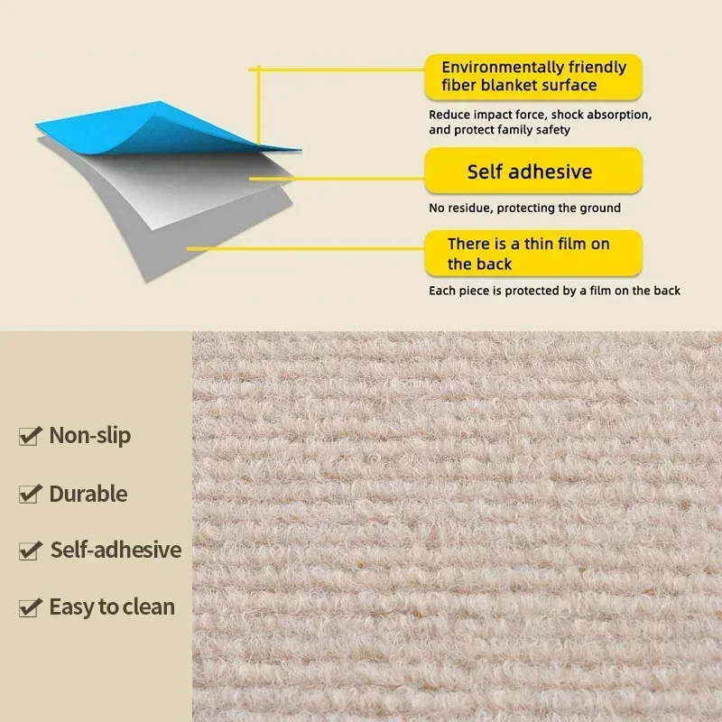 50PCS Self-adhesive Carpet Square 30x30cm Peel Stick Removable Sticker Floor Mats for DIY Home Furnishing Tiles Hallway Indoor