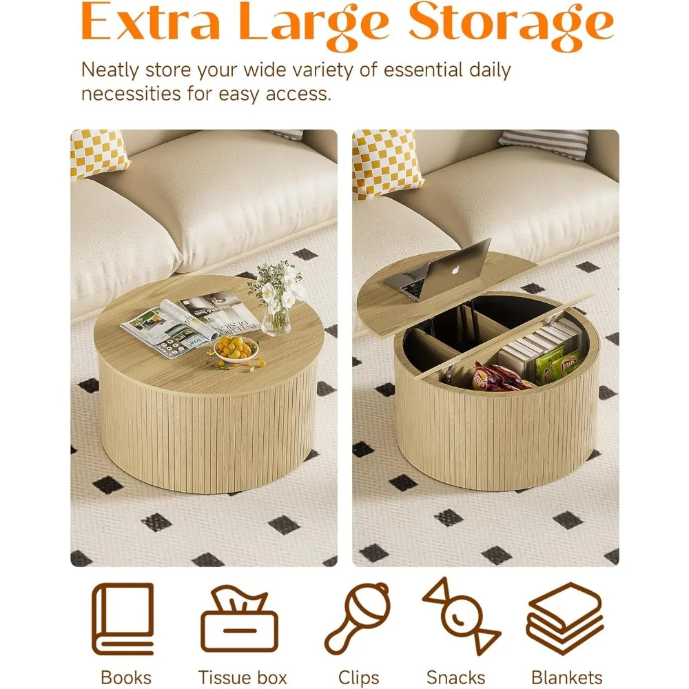 Круглый дубовый журнальный столик с подъемной столешницей и местом для хранения вещей для гостиной, небольшой круглый дизайн