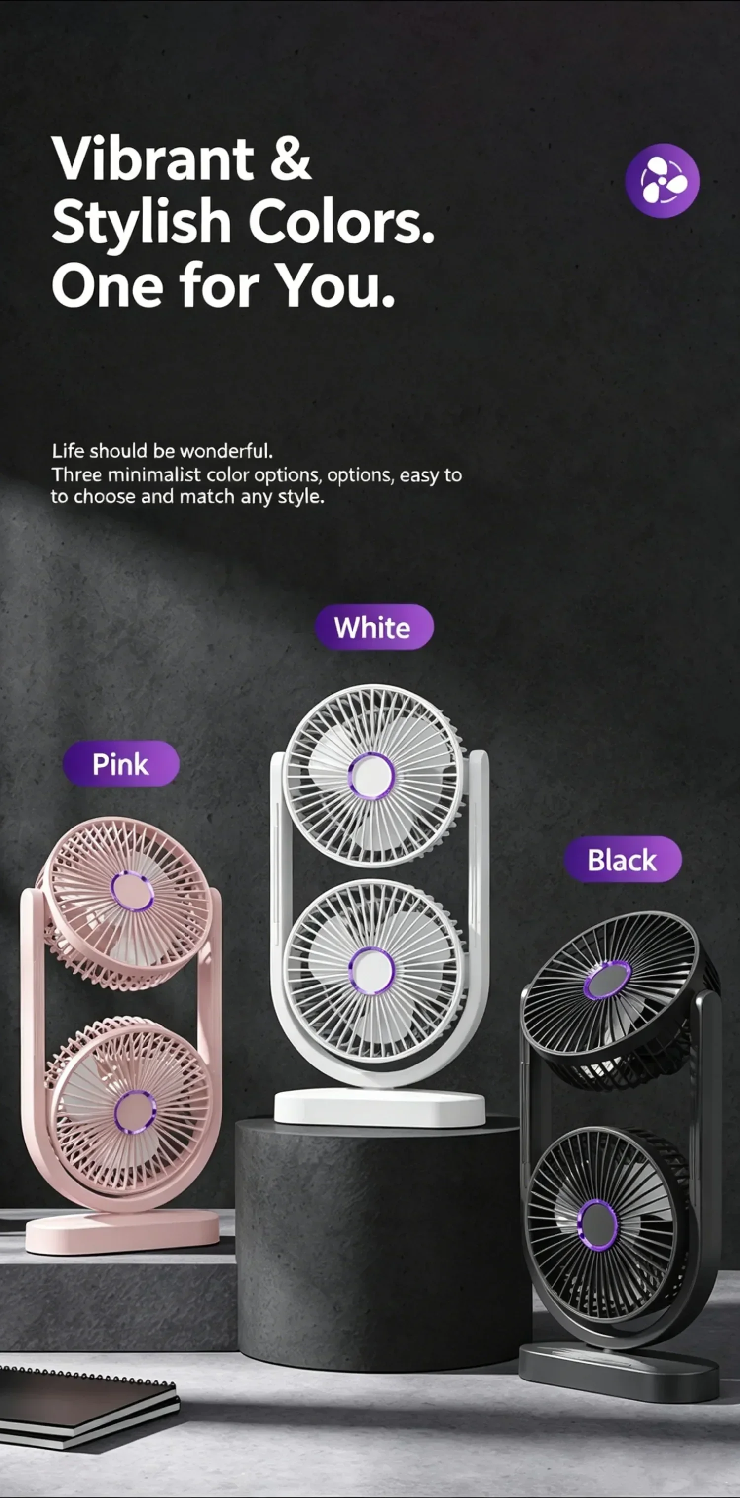 Dual-Head-Schreibtischventilator mit unabhängiger Steuerung, USB wiederaufladbar, 3 Geschwindigkeitsstufen, 360° verstellbar ° Geräuscharmer Twin-Turbo-Lüfter für Büro und Zuhause – Detail 11