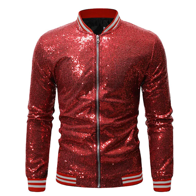 Mens Casual Sequin Jacket Long Sleeve Collared Zip Up  Fit Overcoat Party Bar Garment Dance Coat