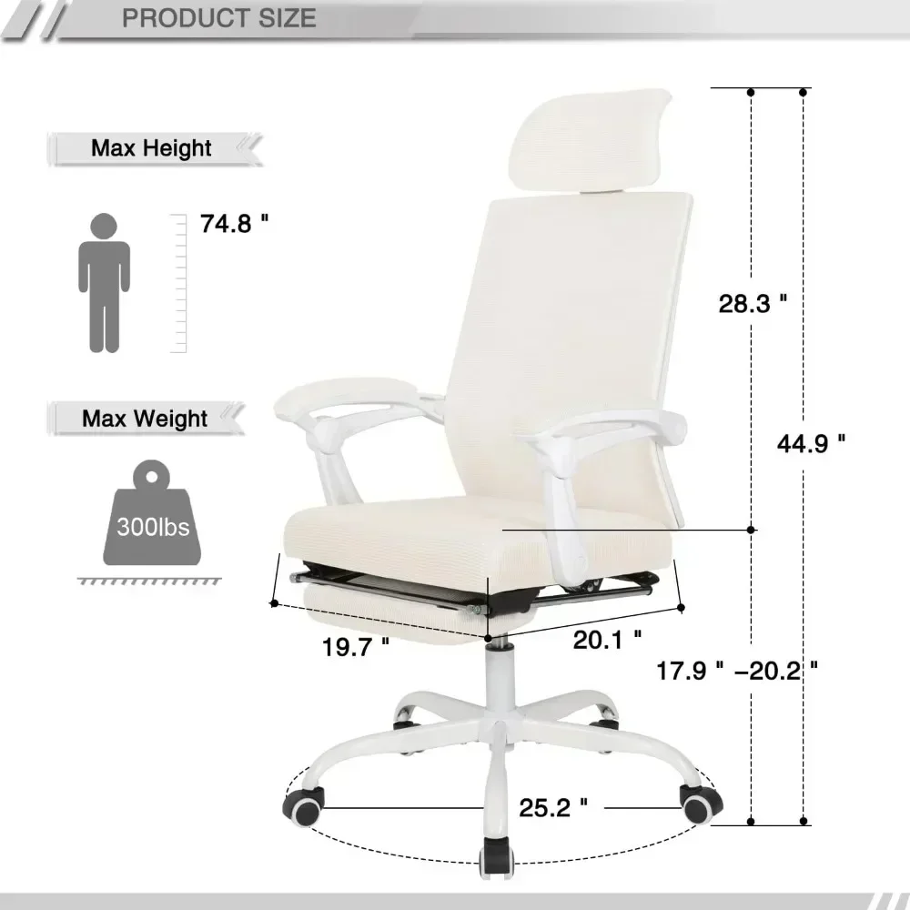 Qulomvs Mesh Ergonomic Office Chair with Footrest Home Office Desk Chair with Headrest and Backrest 90-135 Adjustable