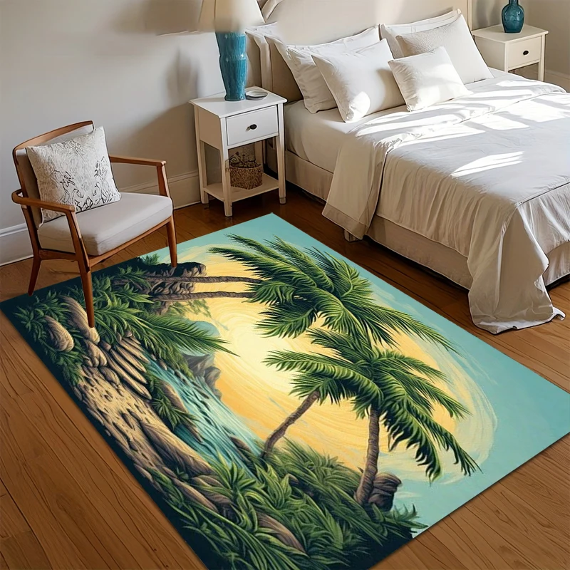 Soft Non-Slip Tropical Paradise Area Rug with Palm Tree and Waterfall Design for Living Room Bedroom Nursery Home Decor