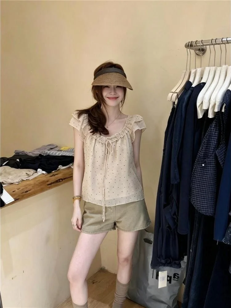 

Women's Bubble Sleeve Shirt Casual Polka Dot Design Double Wear Style Korean Commute Fashion Breathable Short Sleeve V-Neck