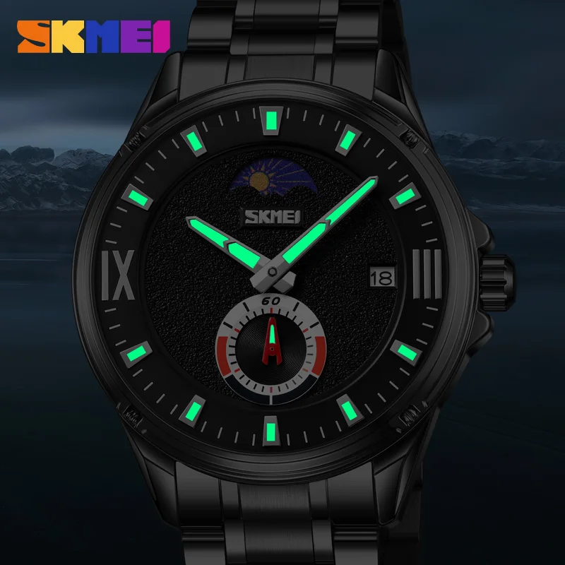 SKMEI นาฬิกาควอทซ์สแตนเลสสำหรับผู้ชาย, นาฬิกาข้อมือลำลองกันน้ำ