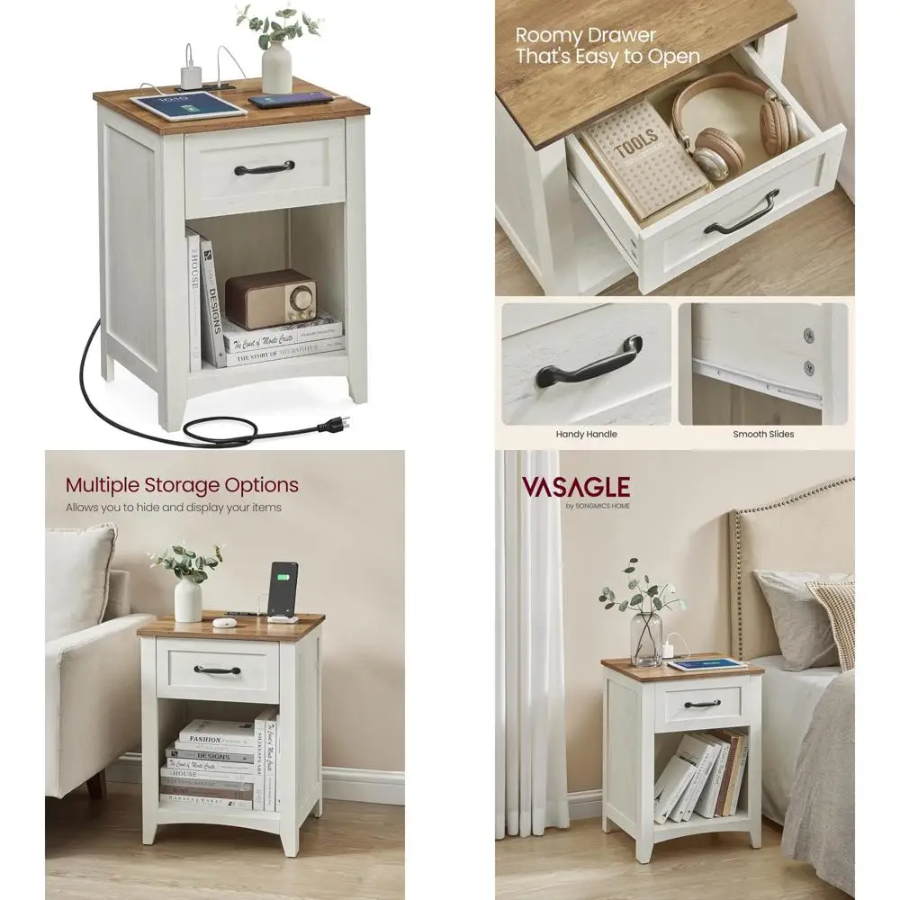 

Charging Station Farmhouse Style Nightstand - Bedside Table with Drawer and Open Storage for Modern Convenience